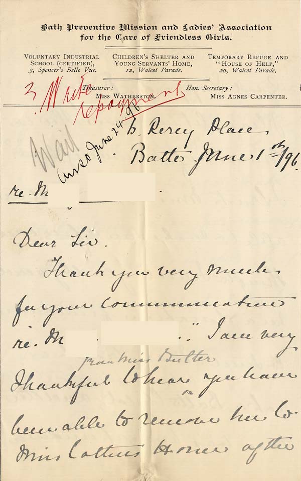 Large size image of Case 4770 14. Letter from the Bath Preventative Mission 1 June 1896
 page 1