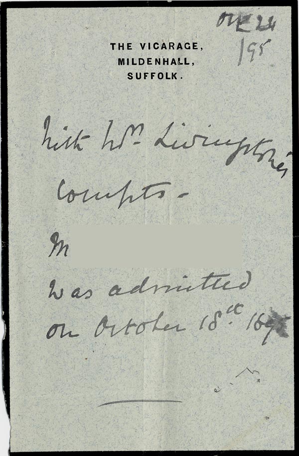 Large size image of Case 5008 5. Letter from The Vicarage, Mildenhall 24 October 1895
 page 1