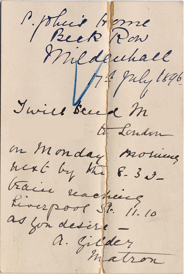 Large size image of Case 5008 8. Postcard from Matron A. Gilder 17 July 1896
 page 2