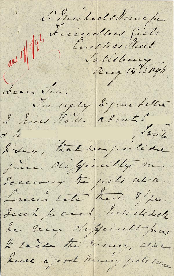 Large size image of Case 5505 3. Letter from St Michael's Home 14 August 1896
 page 1