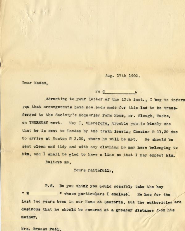 Large size image of Case 5929 4. Copy letter to Mrs Ernest Peel, Rock Ferry Home  17 August 1903
 page 1
