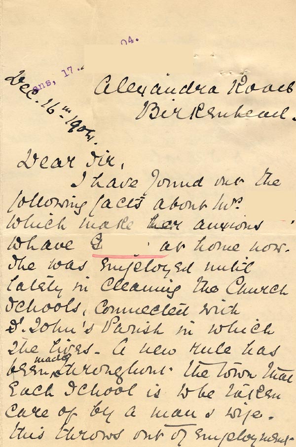 Large size image of Case 5929 10. Letter from Miss W.  16 December 1904
 page 1