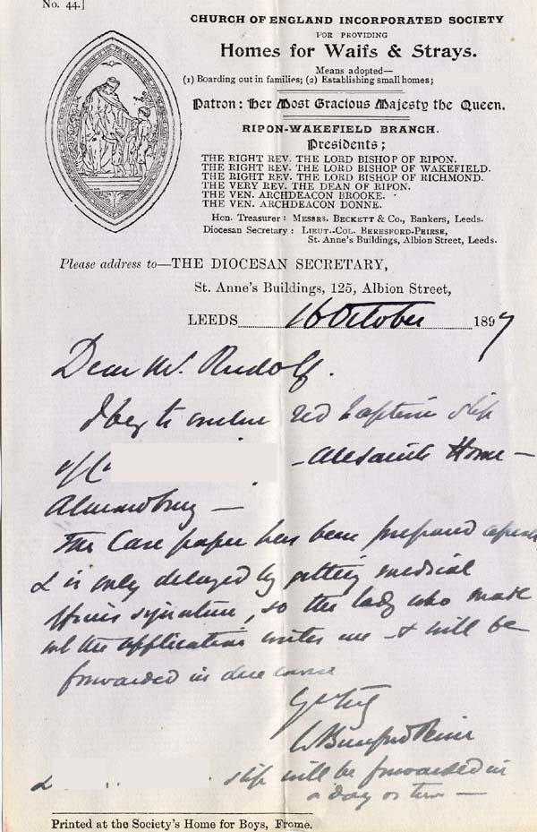 Large size image of Case 5976 4. Letter from W. Beresford Peirse  16 October 1897
 page 1