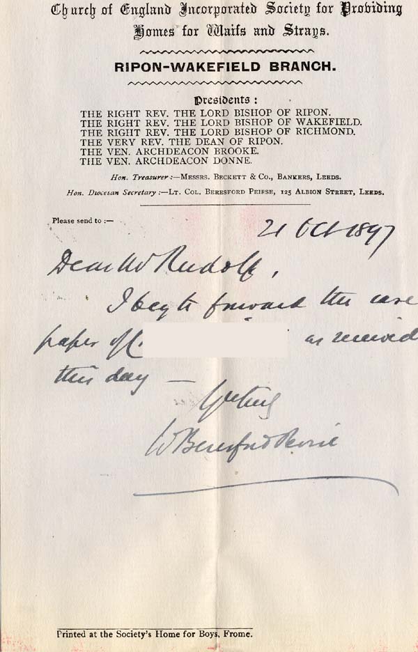 Large size image of Case 5976 5. Letter from W. Beresford Peirse  21 October 1897
 page 1