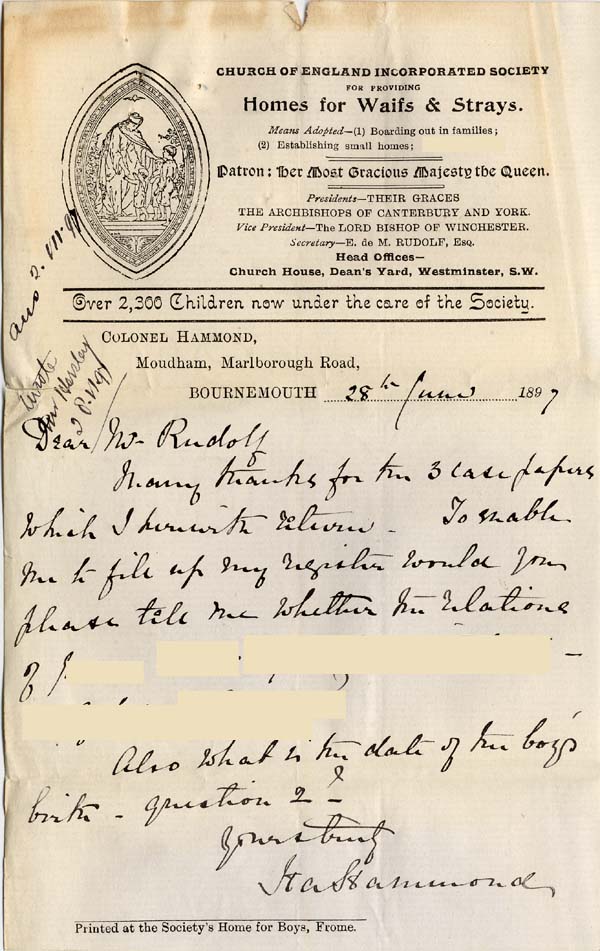 Large size image of Case 5977 4. Letter from Colonel Hammond of the Talbot Home 28 June 1897
 page 1