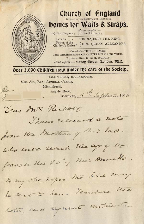 Large size image of Case 5977 6. Letter from Rear Admiral Castle of the Talbot Home 8 September 1903
 page 1