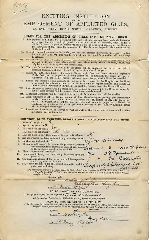 Large size image of Case 6024 1. Application to the Knitting Institution for the Employment of Afflicted Girls, Croydon  1 May 1894
 page 1