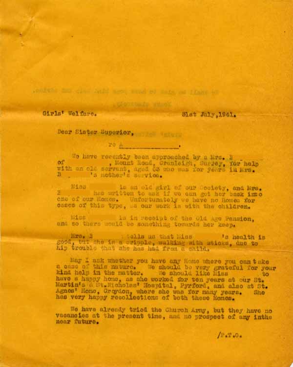Large size image of Case 6024 10. Copy letter to the Clewer Sisters at Windsor asking if they have any suitable homes for A.  31 July 1941
 page 1