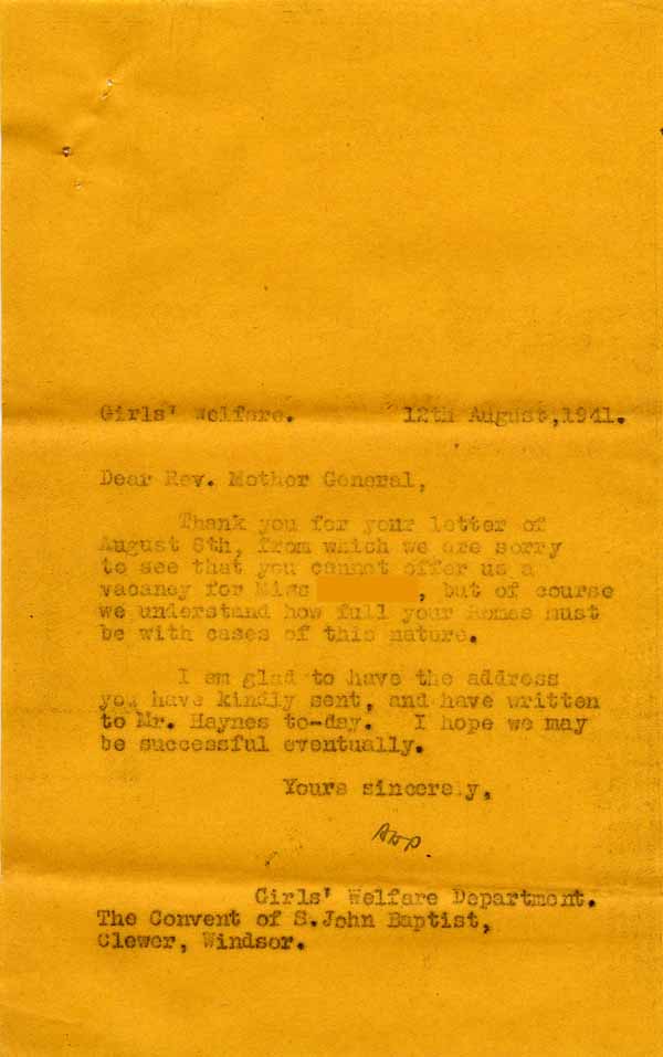 Large size image of Case 6024 13. Copy letter of thanks to the Clewer Sisters  12 August 1941
 page 1