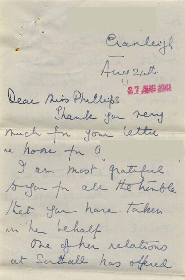 Large size image of Case 6024 18. Letter from Mrs B. saying that A. had gone to stay with relations in Southall  24 August 1941
 page 1