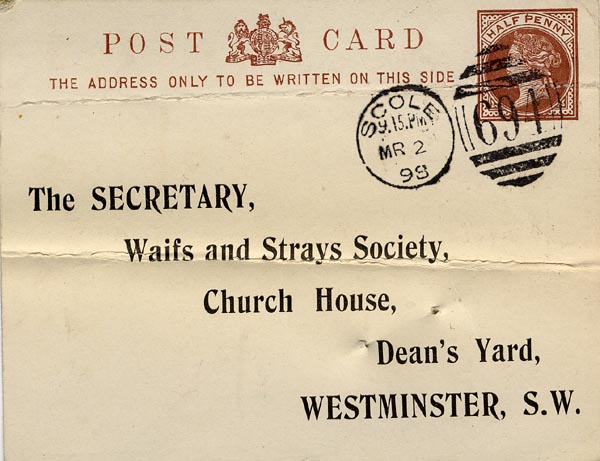 Large size image of Case 6351 3. Postcard from Mrs Brandreth, Sec. of Rose Cottage Home For Girls to Edward Rudolf  2 March 1898
 page 1