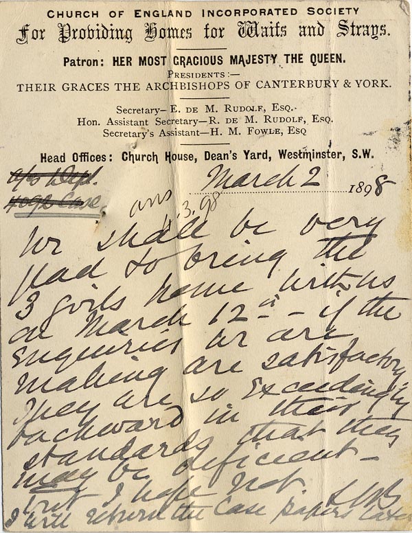Large size image of Case 6351 3. Postcard from Mrs Brandreth, Sec. of Rose Cottage Home For Girls to Edward Rudolf  2 March 1898
 page 2