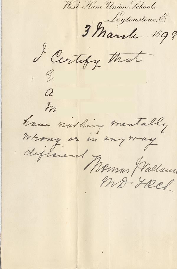 Large size image of Case 6351 5. Medical note from Dr Thomas Vallance of West Ham Union 3 March 1898 
 page 1