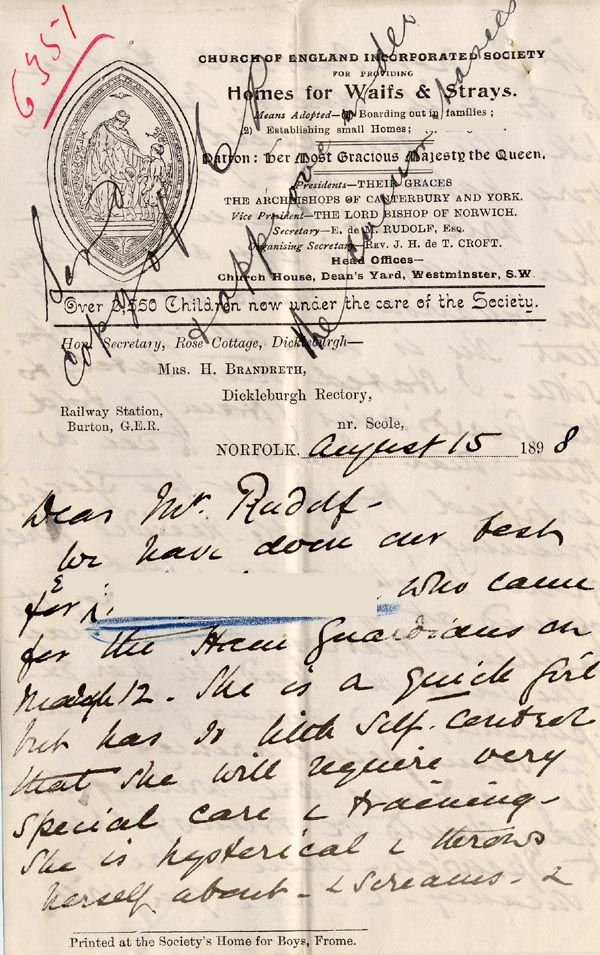 Large size image of Case 6351 8. Letter from Mrs Brandreth, Sec. of Rose Cottage Home For Girls to Edward Rudolf 15 August 1898
 page 1