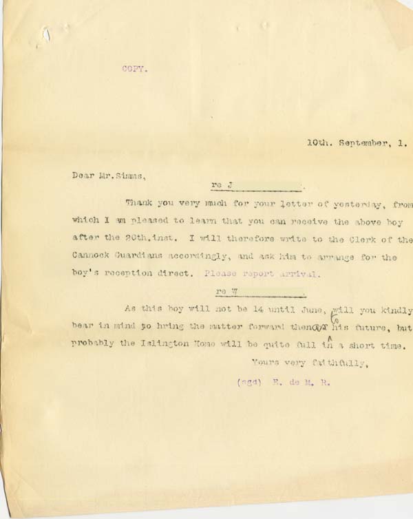 Large size image of Case 8473 6. Letter from Edward Rudolf  to Mr Simms, Cambridge Home 10 September 1901
 page 1
