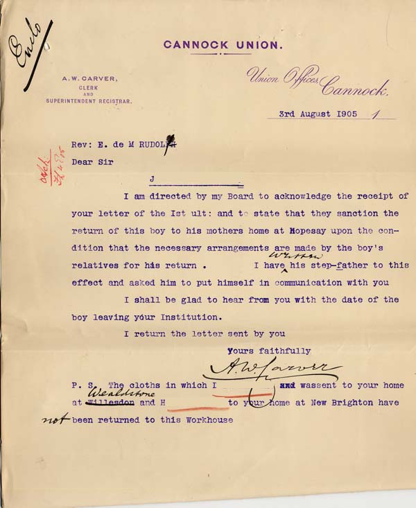 Large size image of Case 8473 11. Letter from Mr A.W. Carver, Cannock Union to Edward Rudolf  3 August 1905
 page 1