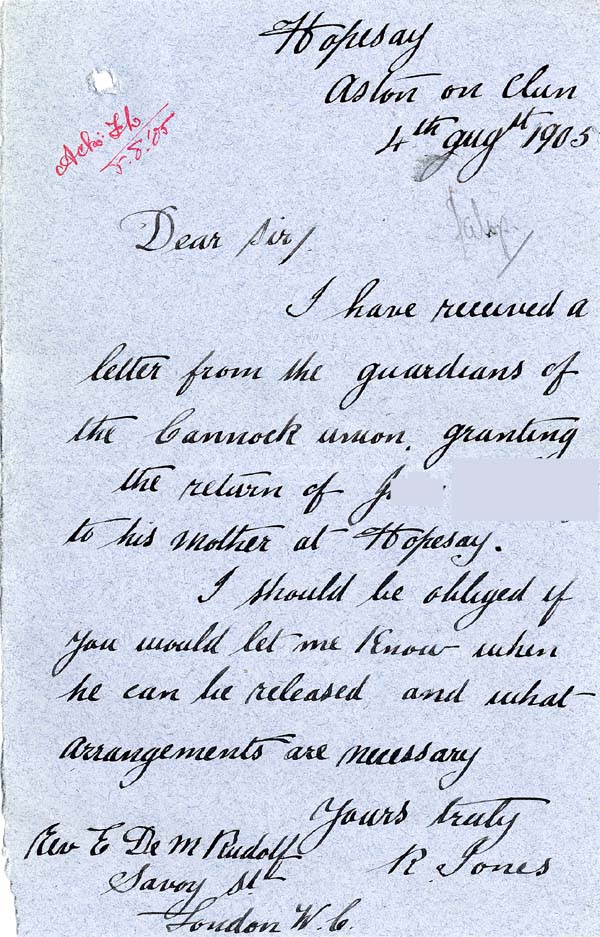 Large size image of Case 8473 13. Letter from Mr R. Jones to Edward Rudolf  4 August 1905
 page 1