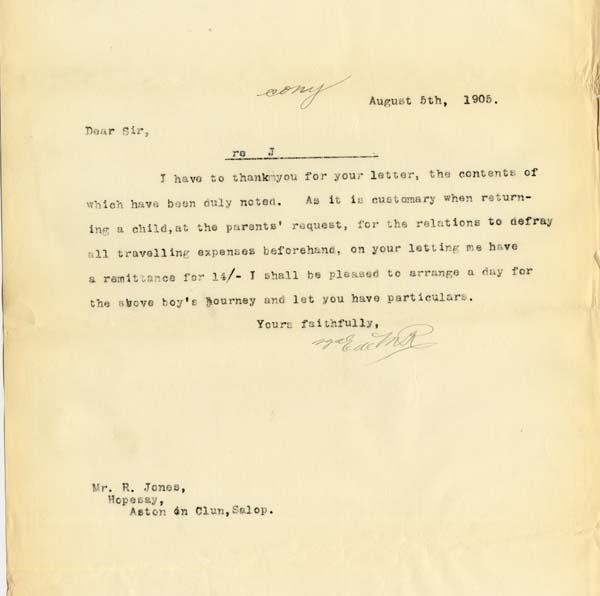 Large size image of Case 8473 14. Letter from Edward Rudolf to Mr. R. Jones  5 August 1905
 page 1