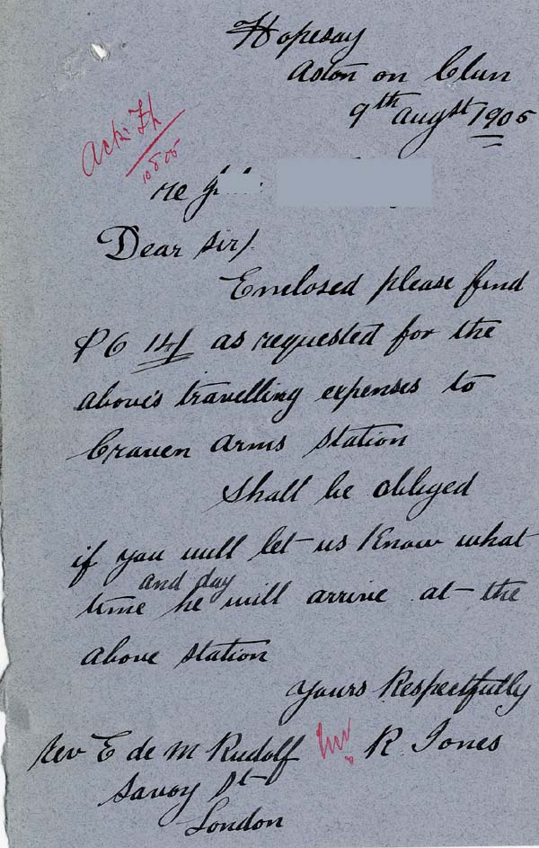 Large size image of Case 8473 15. Letter from Mr R. Jones to Edward Rudolf  7 August 1905
 page 1