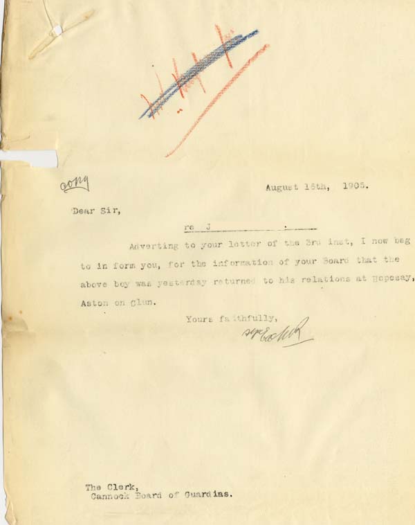 Large size image of Case 8473 19. Letter from Edward Rudolf  to Mr A.W. Carver, Cannock Union 16 August 1905
 page 1
