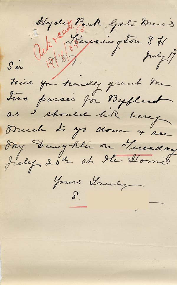 Large size image of Case 8587 8. Letter from E's mother about visiting her daughter  17 July 1909
 page 1