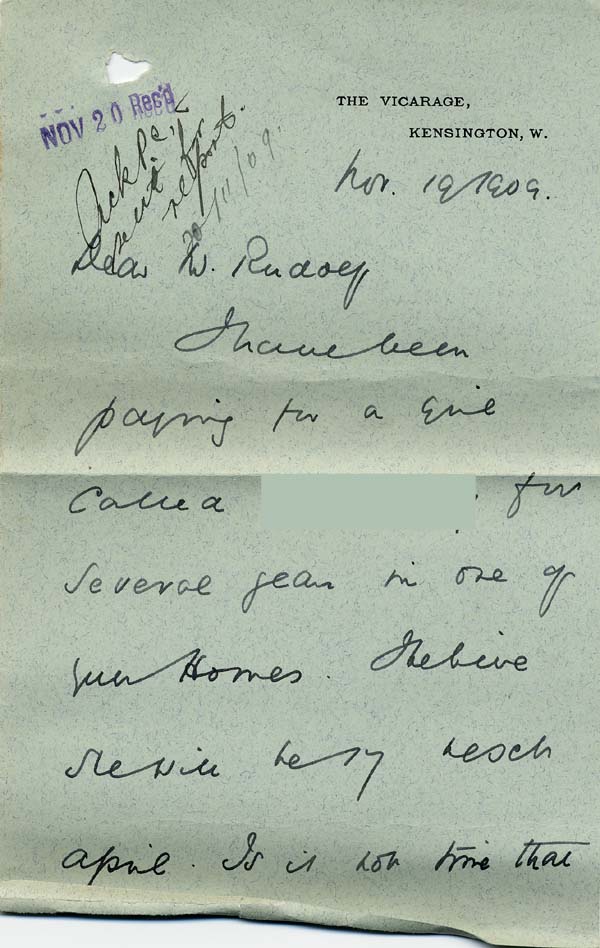Large size image of Case 8587 9. Letter from the Vicar of Kensington about payments for E.  19 November 1909
 page 1