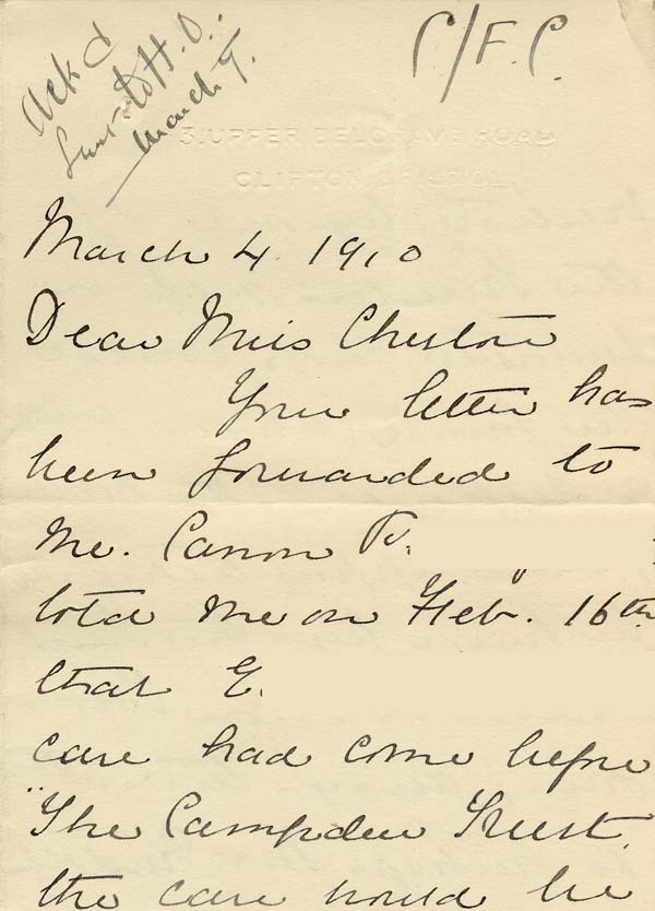Large size image of Case 8587 23. Letter from Miss B. about the funding for E's apprenticeship  4 March 1910
 page 1