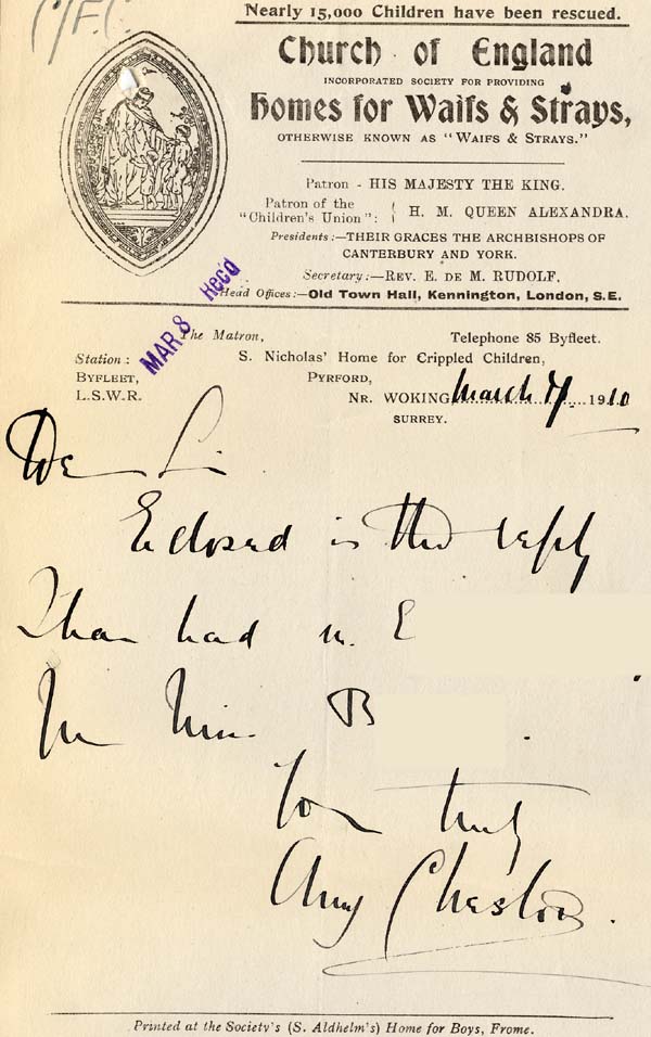 Large size image of Case 8587 24. Letter from St Nicholas' Home to Revd Edward Rudolf enclosing the above letter  7 March 1910
 page 1