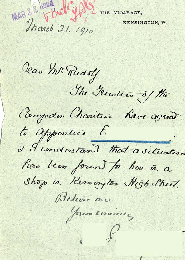 Large size image of Case 8587 26. Letter from Prebendary P. about E's apprenticeship  21 March 1910
 page 1