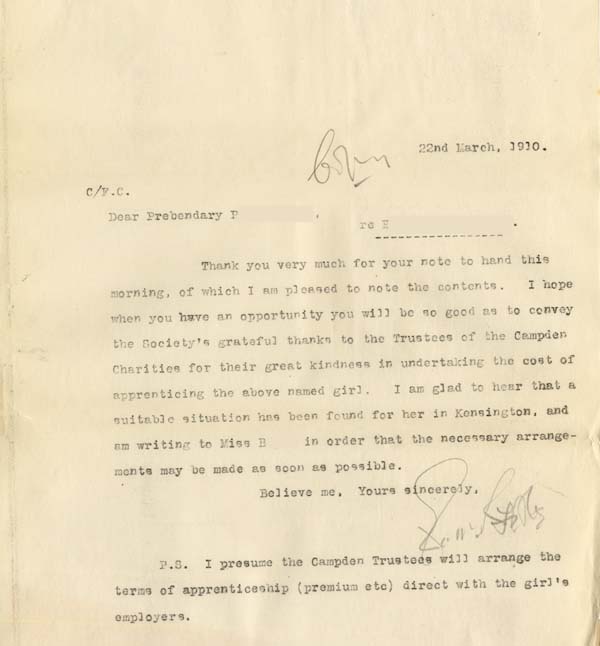Large size image of Case 8587 27. Copy letter from Revd Edward Rudolf to Prebendary P. expressing pleasure that the Trustees of the Campden Charities have undertaken to fund E's apprenticeship  22 March 1910
 page 1