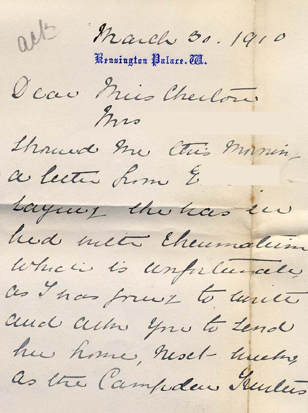 Large size image of Case 8587 29. Letter from Miss B. to St Nicholas' Home discussing E's health and possible dates for her to start work  30 March 1910
 page 1