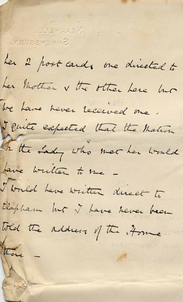 Large size image of Case 8625 24. Letter from E's former employer asking if she had arrived safely in London  18 June 1909
 page 2