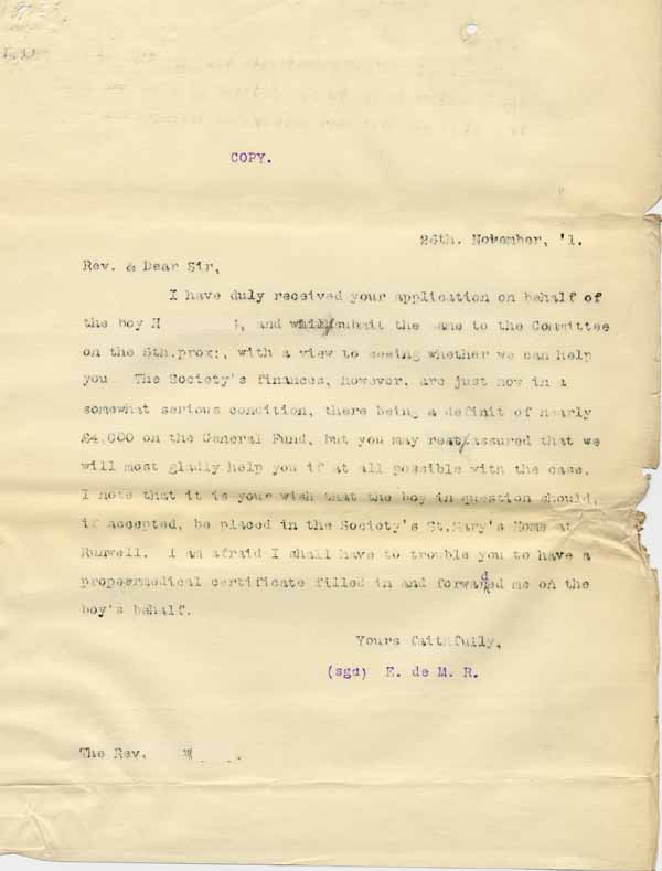 Large size image of Case 8645 3. Copy letter from Revd Edward Rudolf about H's application  26 November 1901
 page 1