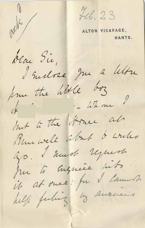 Large size image of Case 8645 7. Letter from Mrs W. (the Vicar's wife) enclosing H's letter and requesting that the matter be investigated  23 February 1902
 page 1