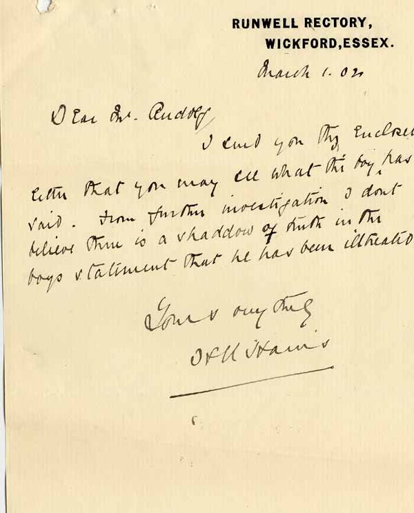 Large size image of Case 8645 12. Letter from Revd Harris to Revd Edward Rudolf enclosing a letter about H. [see item 13]  1 March 1902
 page 1