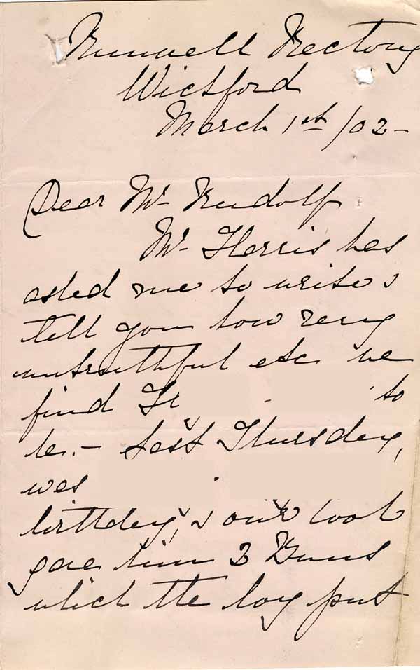 Large size image of Case 8645 13. Letter from the Honorary Secretary of the Runwell Home about H's behaviour  1 March 1902
 page 1