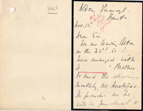 Large size image of Case 8645 17. Letter from Mrs W. announcing that as she and her husband are leaving Alton, H's brother will be responsible for the maintenance money  15 November 1903
 page 1