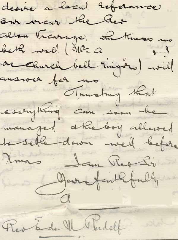 Large size image of Case 8645 20. Letter from H's brother to Revd Edward Rudolf requesting H. be discharged to learn cabinet making in Alton  29 November 1907
 page 3