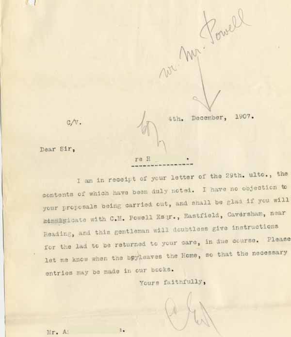 Large size image of Case 8645 21. Copy letter from Revd Edward Rudolf to H's brother agreeing that H. can leave the Home  4 December 1907
 page 1