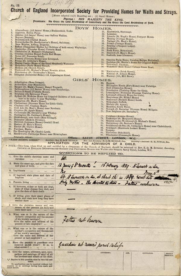 Large size image of Case 8649 1. Application to Waifs and Strays' Society 2 November 1901
 page 1