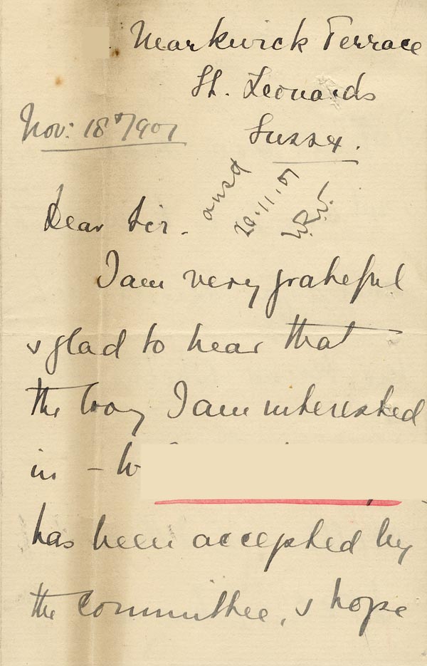 Large size image of Case 8649 2. Letter from Margaret Balfour expressing pleasure that the Society had accepted W's case  18 November 1901
 page 1