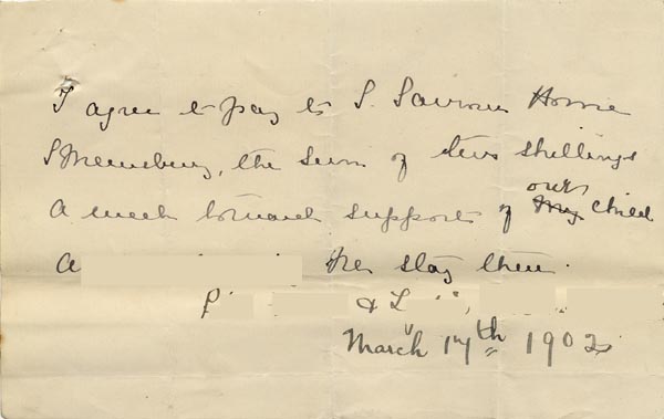 Large size image of Case 8790 3. Note from A's parents guaranteeing payment of 2 shillings a week towards her support  17 March 1902
 page 1