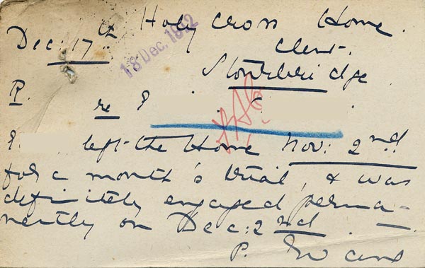 Large size image of Case 9059 6. Card from the Holy Cross Home confirming that E. left the Home in November and was engaged permanently a month later  17 December 1912
 page 2