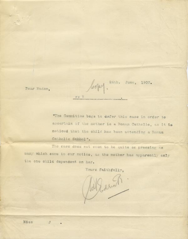 Large size image of Case 9126 3. Copy letter from Revd Edward Rudolf deferring the case to find out if E's mother was Roman Catholic  24 June 1902
 page 1