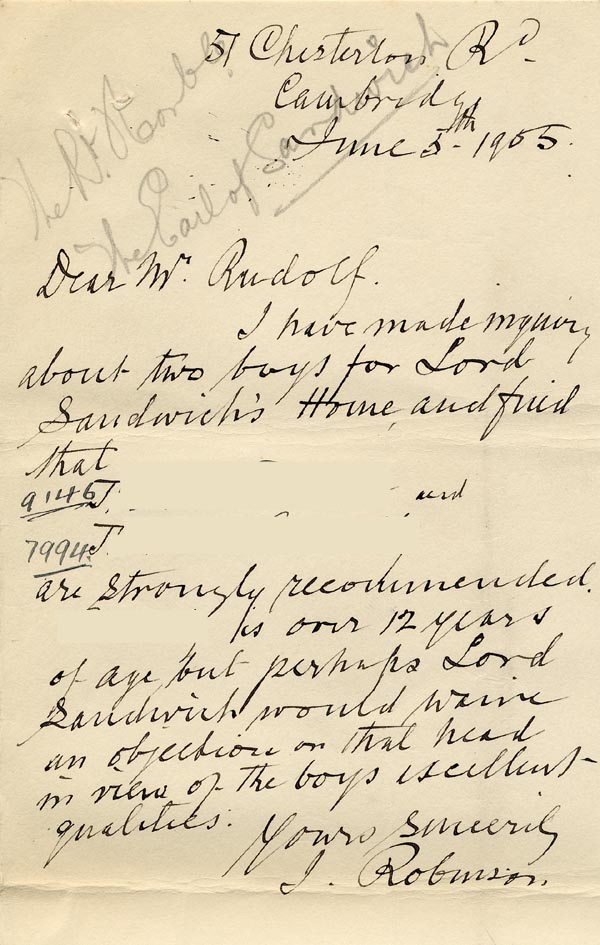 Large size image of Case 9146 4. Letter from Mr J. Robinson recommending T. for Lord Sandwich's Home  5 June 1905
 page 1