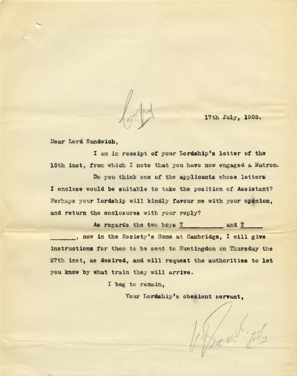 Large size image of Case 9146 7. Copy letter to the Earl of Sandwich from the Society  17 July 1905
 page 1