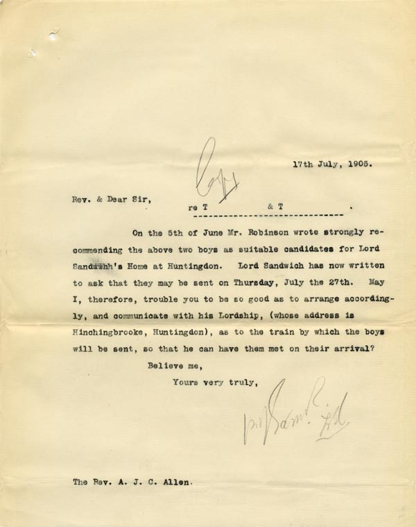 Large size image of Case 9146 8. Copy letter about the arrangements for sending the boys to Huntingdon  17 July 1905
 page 1