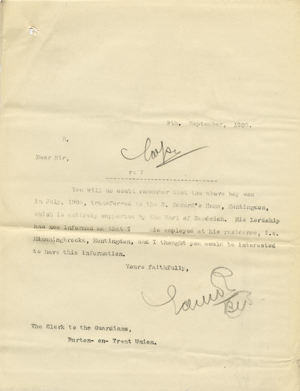 Large size image of Case 9146 12. Copy letter to the Burton-upon-Trent Union about T's employment  9 September 1908
 page 1
