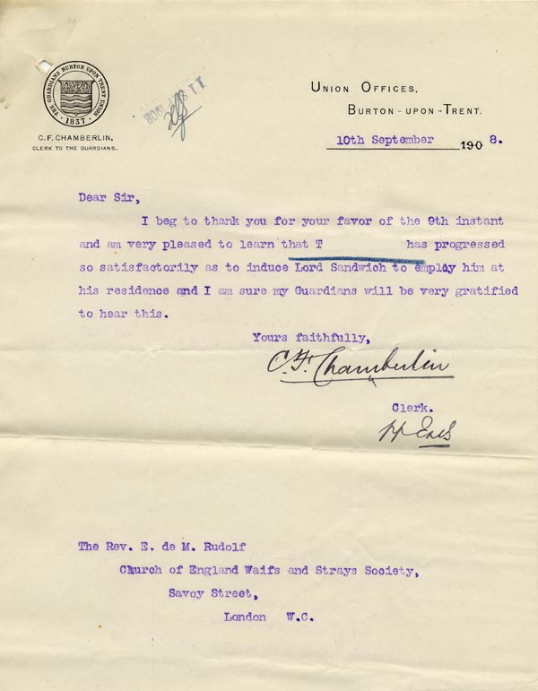 Large size image of Case 9146 13. Letter from the Burton-upon-Trent Union expressing pleasure at T's progress  10 September 1908
 page 1