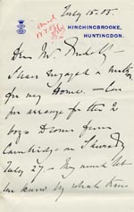 Image of Case 9146 6. Letter from the Earl of Sandwich about the arrangements for receiving the boys from Cambridge  15 July 1905
 page 1